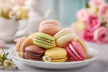 Colorful macarons arranged on a decorative plate with flowers and soft background ambiance