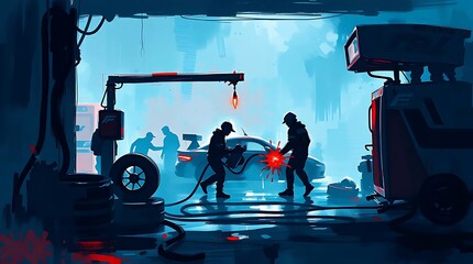 Futuristic Pit Stop Scene with Sports Car in Dramatic Digital Painting Style