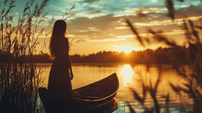 A woman in a dress stands in a boat on a lake at sunset, silhouetted against the bright, golden sky. - Powered by Adobe