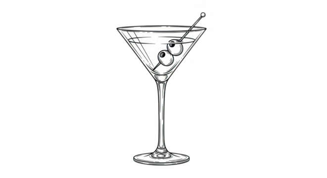A classic martini cocktail with olives in a martini glass, isolated on transparent background