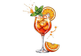 A refreshing aperol spritz cocktail with orange slices and mint, isolated on transparent background