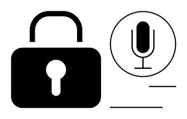 Black padlock symbolizing security paired with a microphone suggesting voice functionality. Ideal for cybersecurity, privacy, communication, apps, data protection, technology, simple landing page