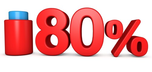 3D 80% Percent Text. 3D Graph Symbol Bold Red and Blue Color on White Background. 3D 80% isolated illustration. 80% Pie Chart.