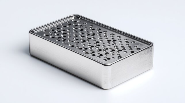 A single, ultra sharp 4K photorealistic image of a stainless steel box grater, with various grating surfaces, clean and pristine, perfectly isolated on a pure white background. Studio lighting, sharp