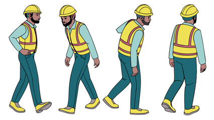Construction Worker in Safety Gear Walking on Jobsite with Proactive Posture