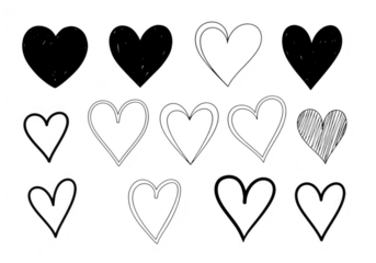 A collection of handdrawn heart shapes in various styles, isolated on a transparent background