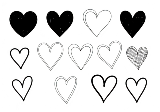 A collection of handdrawn heart shapes in various styles, isolated on a transparent background