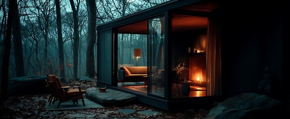 Cozy cabin in the misty forest with with warm interior light, chairs, and and nature.