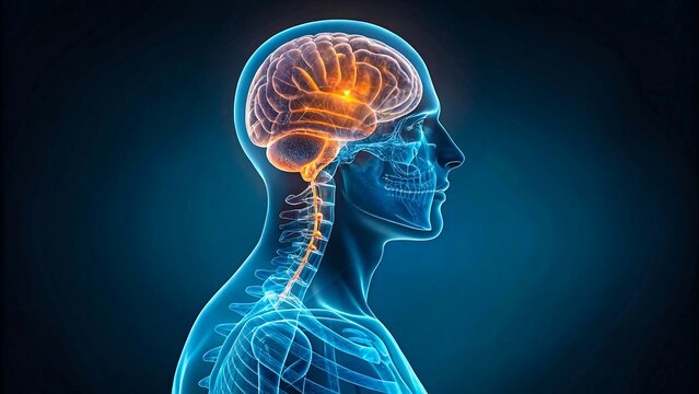 Side view of digital human body with glowing orange brain, concept of brain activity and mental focus
