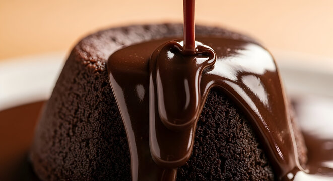 Chocolate lava cake being drizzled with chocolate sauce