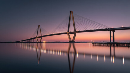 Obraz premium Cable stayed bridge over water reflecting lights at dusk or dawn time