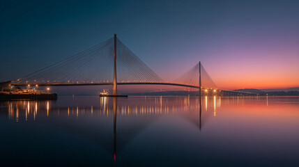 Long bridge over water reflecting lights at sunset with sky colors