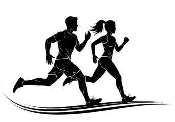 Silhouettes of a man and a woman running sidebyside, isolated on a transparent background with a dynamic swoosh
