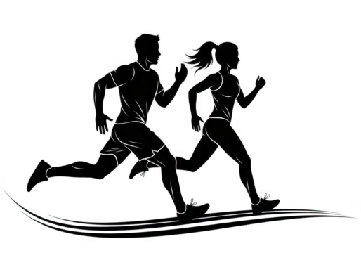 Silhouettes of a man and a woman running sidebyside, isolated on a transparent background with a dynamic swoosh