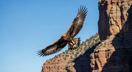 Title: Majestic golden eagle soaring high in a clear blue sky over rugged mountains.