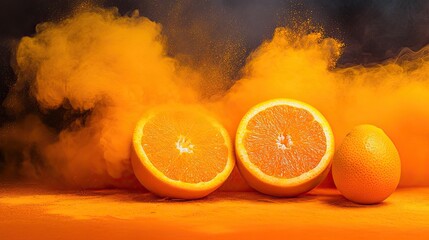Orange slices bathed in vibrant orange powder.