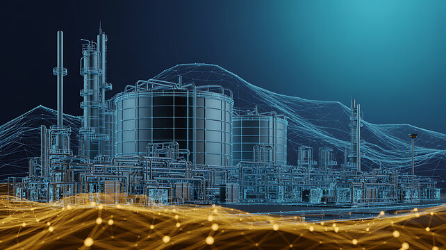 Futuristic Industrial Complex Wireframe with Digital Network - Powered by Adobe