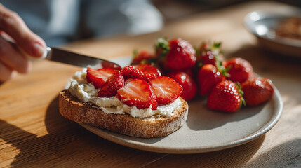 Toast with cream cheese and strawberries being prepared with a knife