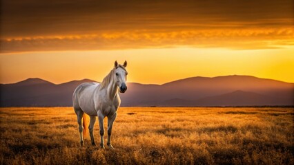 Majestic white horse stands silently in a golden sunset field