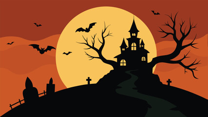 Spooky halloween haunted castle silhouette on a hill with bats and a full moon