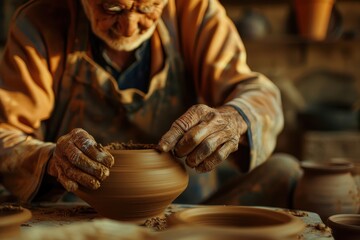 A man is making a bowl on a potter ' s wheel