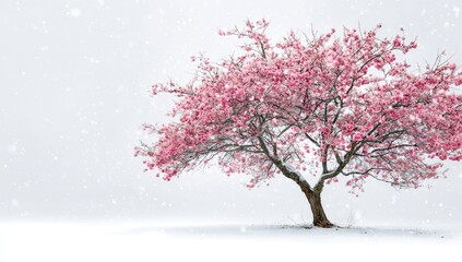 Naklejka premium Pink cherry blossoms on a snow-covered tree in winter