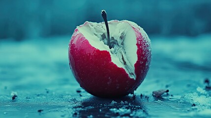 A frost-covered, bitten  on a dark surface.