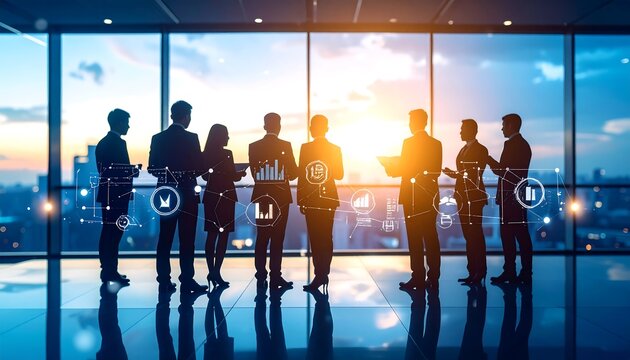 Silhouetted businesspeople in a modern office, overlooking a cityscape at sunset, discussing business with data visualizations overlaid