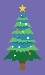 Festive Christmas Tree with Snow Lights and a Cat Illustration