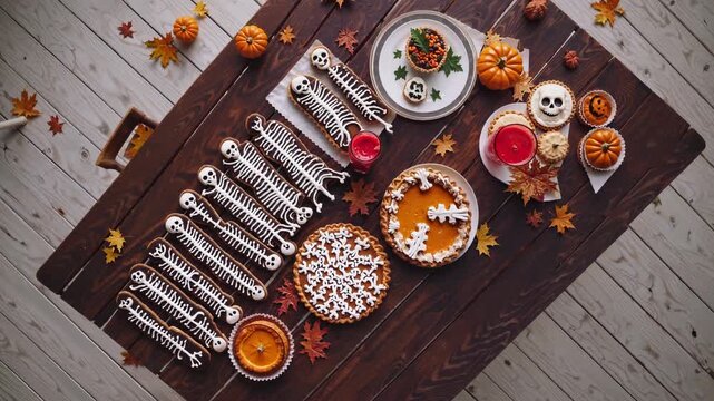 A festive Halloween table setting with skeleton decorations, pumpkin pie, cookies, and autumn leaves. Colorful treats and drinks create a spooky atmosphere.