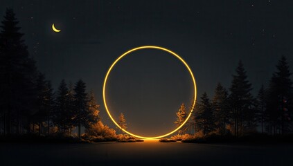 3D rendering of a glowing yellow circle on a dark background with a crescent moon in the sky and a forest. Abstract night scene with an illuminated, simple ring shape as a design.