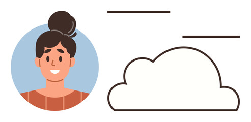 Smiling woman portrait beside a cloud and horizontal lines. Ideal for technology, communication, cloud computing, teamwork, friendly interface, online data, and networking. Simple flat metaphor