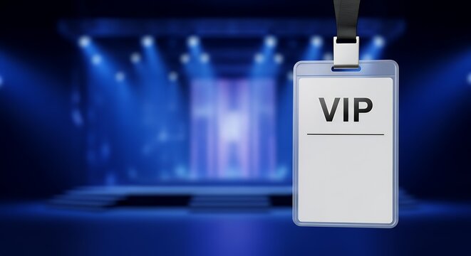 VIP Id Card Hanging Before Blurred Blue Stage with Lights