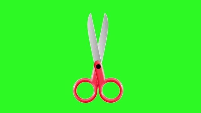 Animated red scissors in a seamless cutting loop on a green screen. Includes a black silhouette.