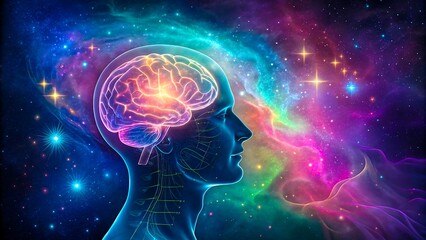 Colorful artistic illustration of human brain with cosmic galaxy background, representing imagination and consciousness
