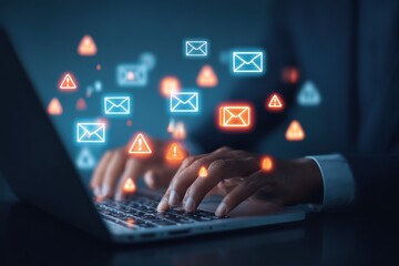 Person typing on laptop surrounded by icons 