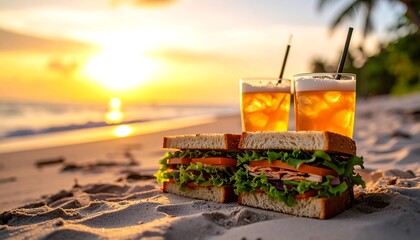 Sunset beach picnic with two sandwiches and iced drinks