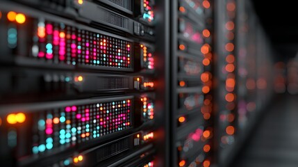 A close-up of a server rack with glowing indicator lights, with abstract AI algorithms visually representing data categorization and harvesting. Research and Academia Data Management and Governance
