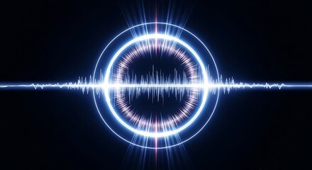 Fototapeta premium Neon circle background, glowing rings in the center, radiant energy waves, dark space backdrop, sci-fi style visual