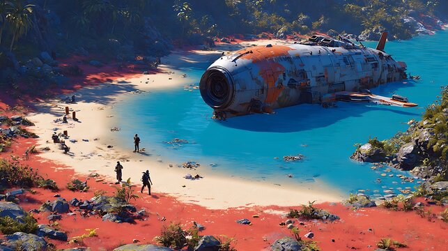 Abandoned Space Capsule Resting on Tropical Beach Surrounded by Lush Greenery