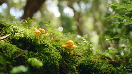 Small, bright yellow mushrooms nestled in a bed of lush green moss.