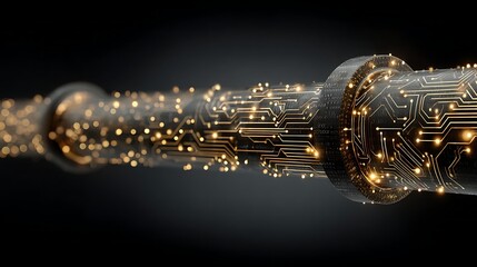 A digital pipeline with raw data flowing in one end and refined, golden knowledge emerging from the other, thanks to AI. Research and Academia Data Management and Governance