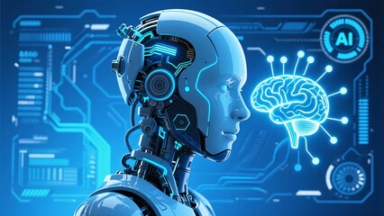 Artificial intelligence background with humanoid robot scanning virtual brain data