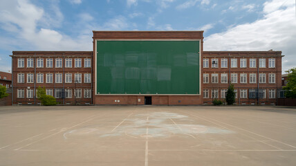 Naklejka premium Large brick building with green wall and outdoor court