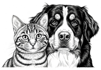 A detailed black and white drawing of a tabby cat and a bernese mountain dog side by side isolated on transparent background