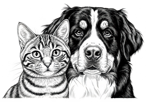 A detailed black and white drawing of a tabby cat and a bernese mountain dog side by side isolated on transparent background