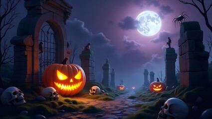 Fototapeta premium Spooky halloween graveyard scene with glowing jack o lanterns under a full moon