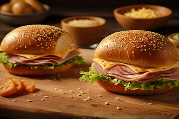 A ham and cheese sandwich with melted cheese stacked on golden sesame bread. The vibrant colors and appetizing layers make it perfect for culinary and food-themed visuals.