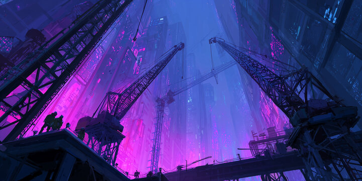 cyberpunk city, rogue engineers sabotage a mega-structure construction