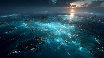 Naklejka premium A panoramic view of a vast digital ocean where AI-powered submersibles are gathering valuable data from the depths Research and Academia Data Management and Governance